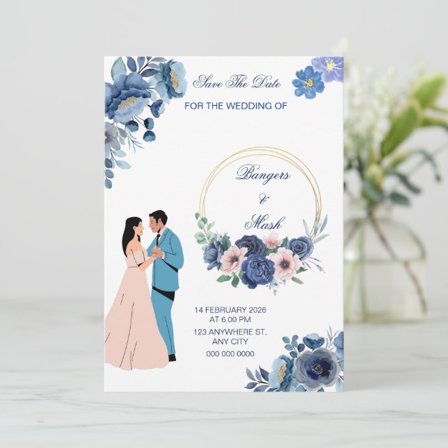 Minimal Blue Floral with Wedding Couple  Invitation (Standing Front)