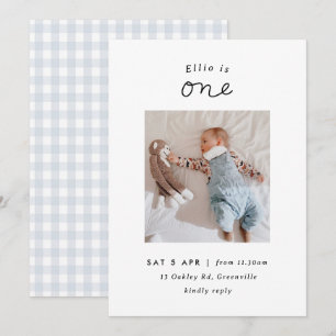 Minimal Blue Gingham Photo 1st Birthday Invite