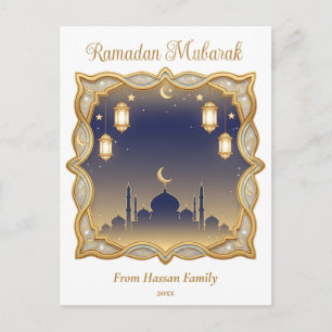 Minimal Blue & Gold Mosque Ramadan Mubarak Postcard
