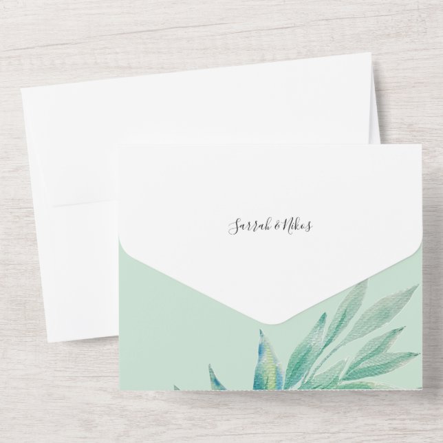 Minimal Blue Green Botanical Watercolor All In One Invitation (Back)