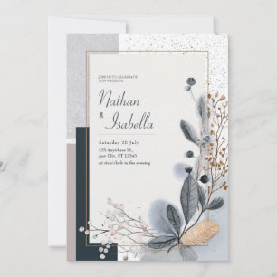 Minimal Blue Grey Gold Botanical Glitter Wedding Invitation