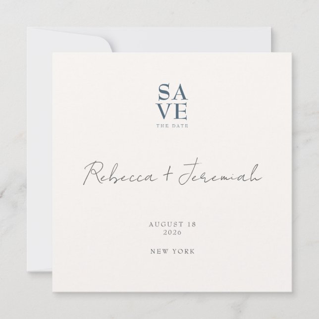 Minimal Blue Grey Sophisticated Script Wedding Save The Date (Front)