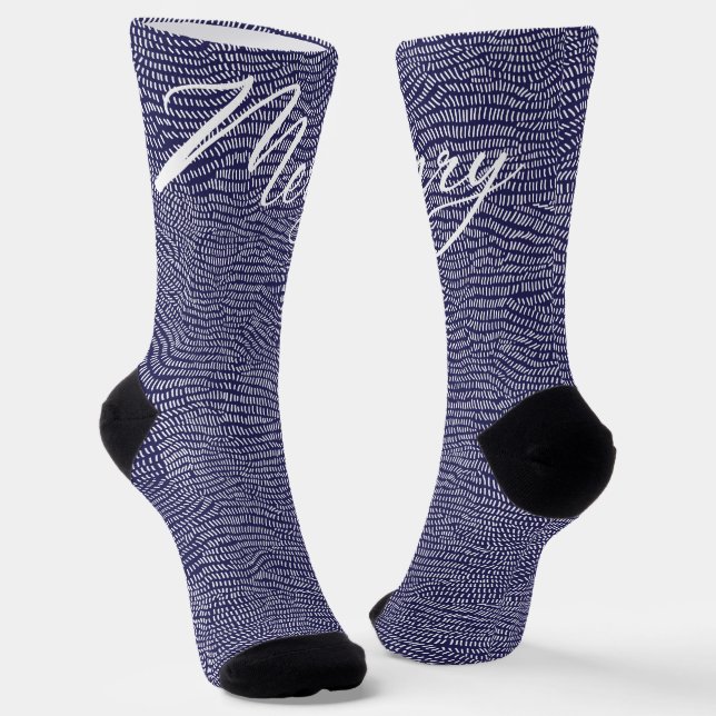 Minimal Blue Hand Drawn Merry Christmas Holiday Socks (Angled)