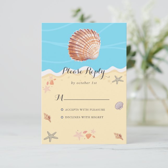 Minimal Blue Ocean Summer Wedding RSVP Card (Standing Front)