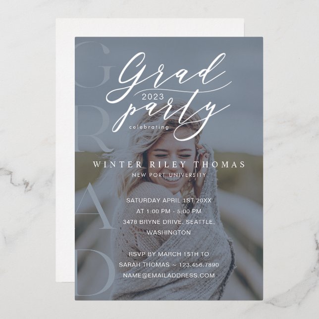 Minimal Blue Photo Grad Party Modern Calligraphy (Front/Back)