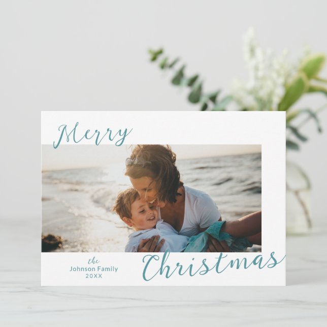 Minimal Blue Photo Modern Christmas Holiday Card (Standing Front)