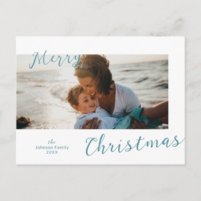 Minimal Blue Photo Modern Christmas Holiday Postcard (Front)
