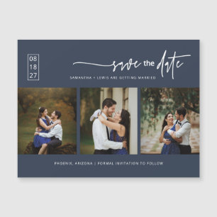 Minimal Blue Photo Save the Date Magnetic Card