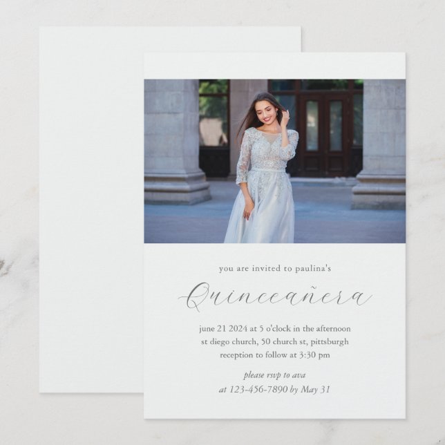 Minimal Blue Quinceañera Photo Invitation (Front/Back)
