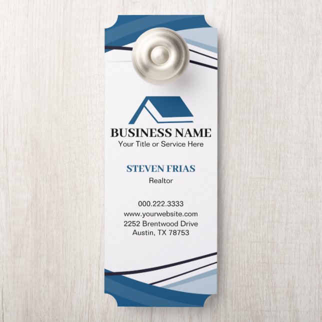 Minimal Blue Real Estate Agent House Logo Door Hanger (On Knob)