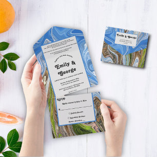 Minimal Blue Sky Green Earth Tone Abstract Wedding All In One Invitation