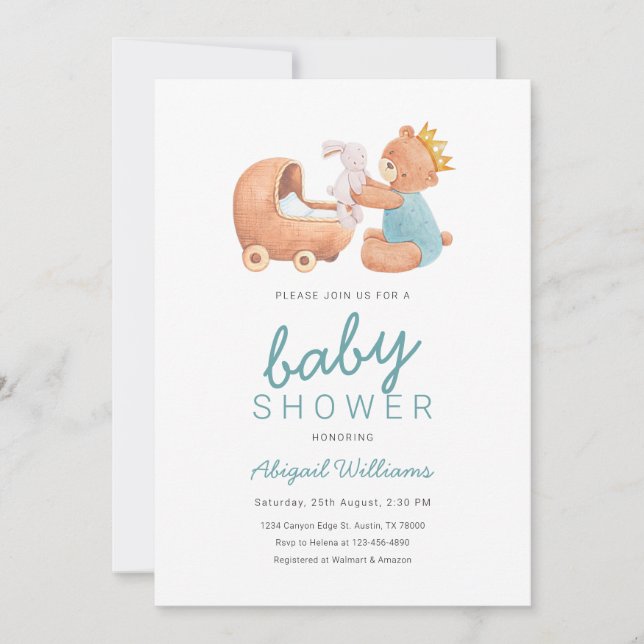 Minimal Blue Teddy Bear Prince Playing Baby Shower Invitation (Front)