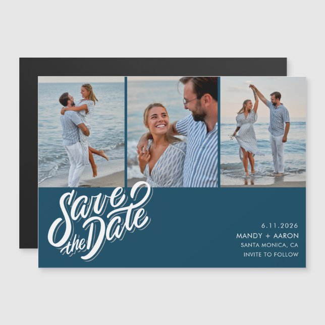 Minimal Blue Three Photo Wedding Save the Date Magnetic Invitation (Front/Back)