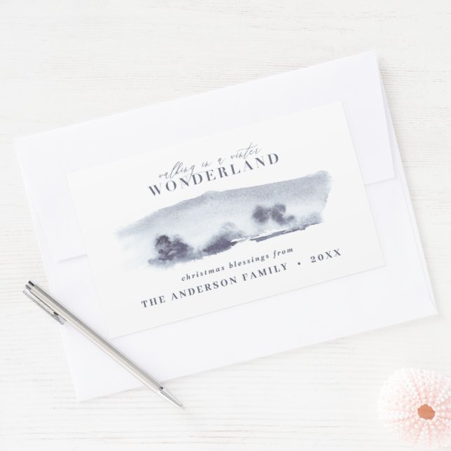 Minimal blue watercolor Christmas Holiday Rectangular Sticker (Envelope)