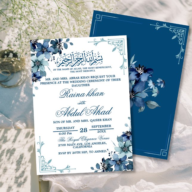 Minimal Blue White Floral Islamic Muslim Wedding I Invitation (Creator Uploaded)