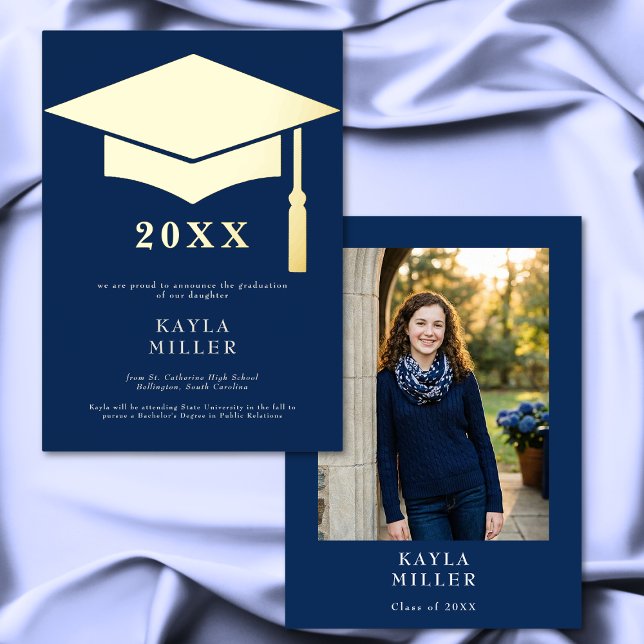 Minimal Blue & White Gold Cap Grad Announcement (Minimal Blue & White Gold Cap Grad Announcement)