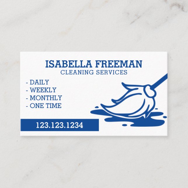 Minimal Blue & White Maid House Cleaning Service Business Card (Front)