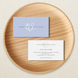 Minimal Blue White Script Monogram Business Card