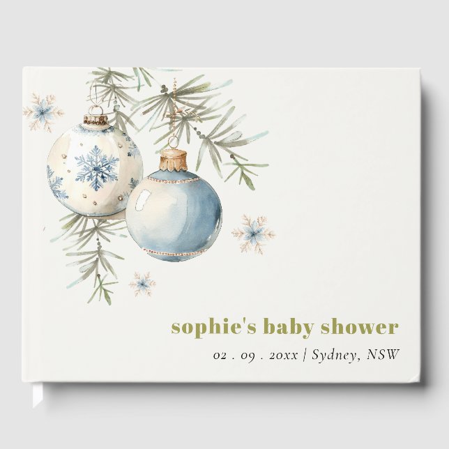Minimal Blue Winter Chirstmas Boy Baby Shower Guest Book (Front)