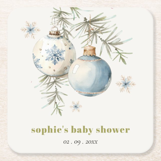 Minimal Blue Winter Chirstmas Boy Baby Shower Square Paper Coaster (Front)