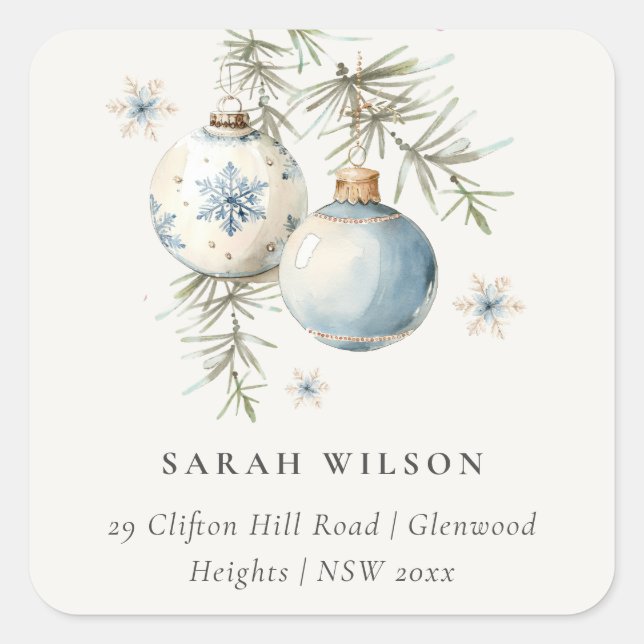 Minimal Blue Winter Watercolor Chirstmas Address Square Sticker (Front)