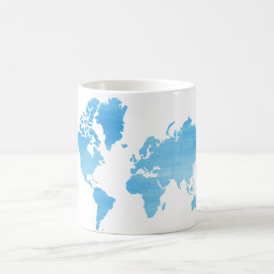 Minimal Blue World Map Watercolor Art Coffee Mug