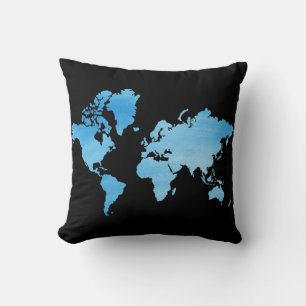 Minimal Blue World Map Watercolor Art Cushion
