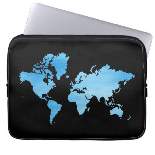 Minimal Blue World Map Watercolor Art Laptop Sleeve