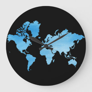 Minimal Blue World Map Watercolor Art Large Clock