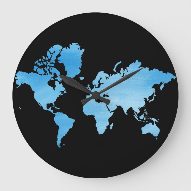 Minimal Blue World Map Watercolor Art Large Clock (Front)