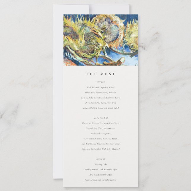 Minimal Blue Yellow Sunflower Wedding Menu Card (Front)