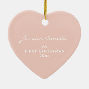 Minimal Blush Baby First Christmas Photo Heart Ceramic Tree Decoration