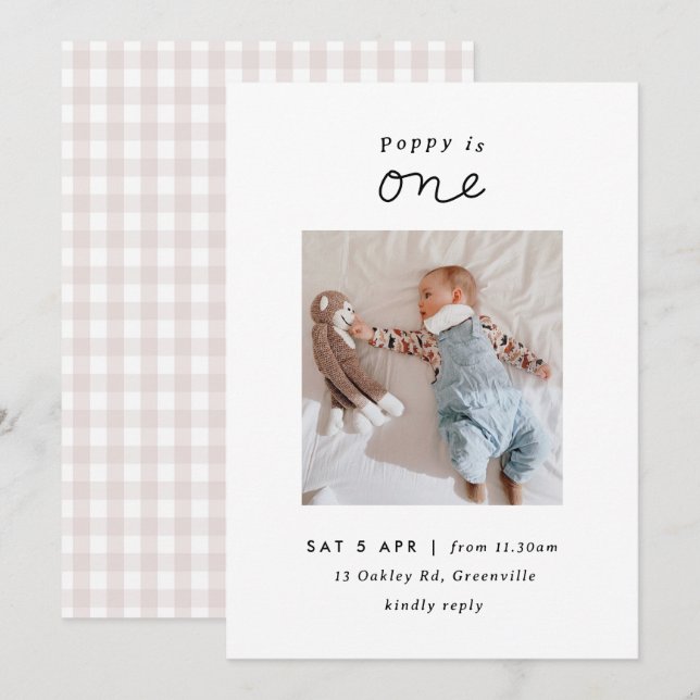 Minimal Blush Gingham Photo 1st Birthday Invite (Front/Back)