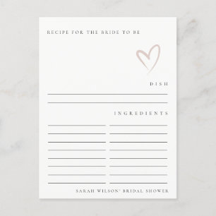 Minimal Blush Heart Bridal Shower Recipe Request Postcard