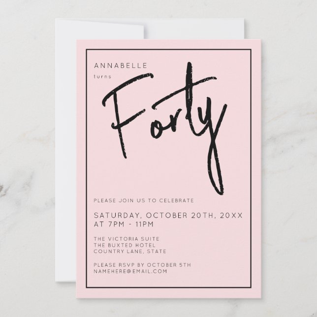 Minimal Blush Pink 40th Fortieth Birthday Invitation (Front)