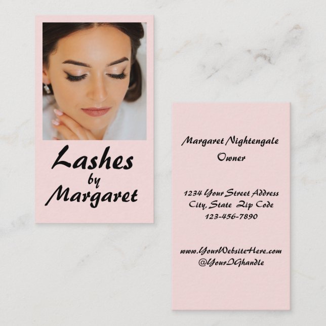 Minimal Blush Pink Black Script Photo Lashes Business Card (Front/Back)