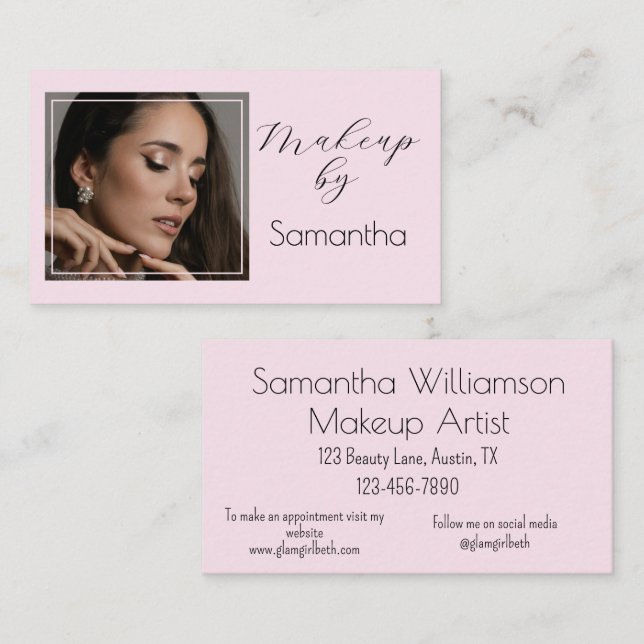 Minimal Blush Pink Black Script Photo Makeup Business Card (Front/Back)