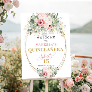 Minimal blush roses gold quinceañera welcome sign 