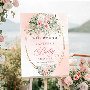 Minimal Blush Roses Greenery Gold Baby Shower Sign