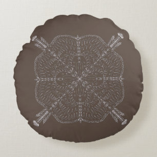 Minimal Bohemian Mandala Hand Drawn Brown Round Cushion