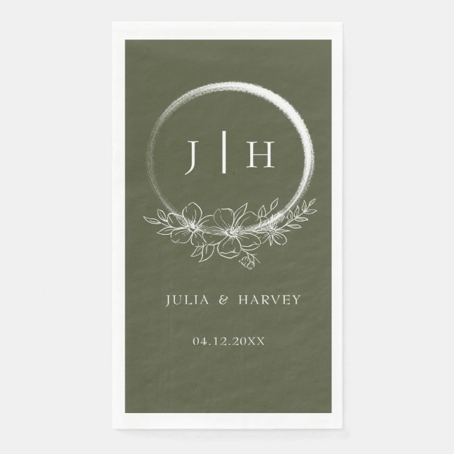 Minimal Bohemian Olive Green Wedding Paper Napkin (Front)