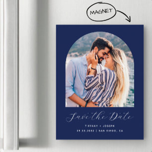 Minimal Boho Arch Photo Navy Blue Script Magnetic Invitation