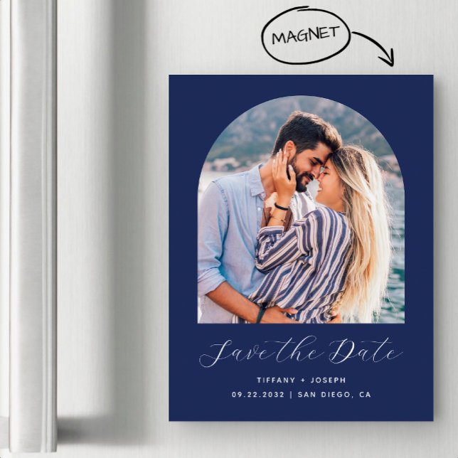Minimal Boho Arch Photo Navy Blue Script Magnetic Invitation (Creator Uploaded)