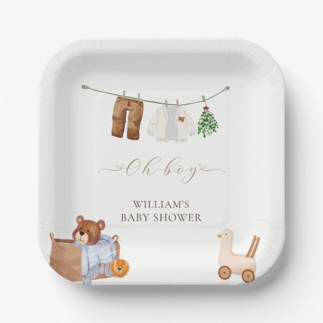 Minimal Boho Boy Clothes Baby Shower Paper Plate (Front)