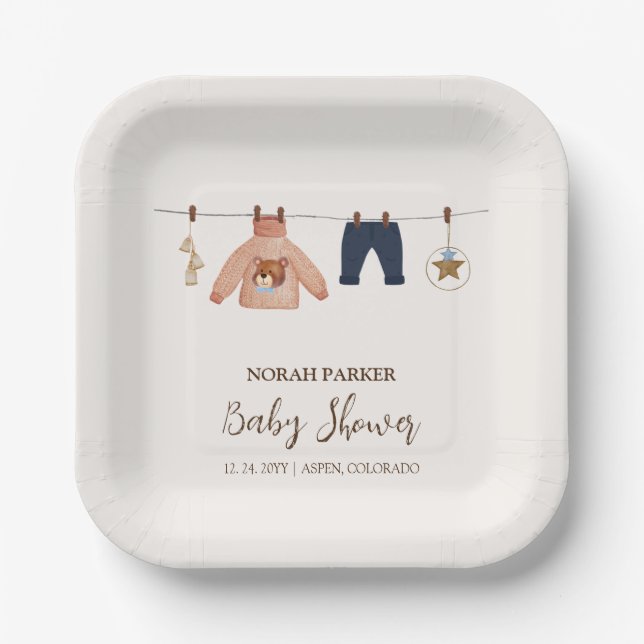 Minimal Boho Boy Winter Clothesline Baby Shower  Paper Plate (Front)