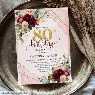 Minimal Boho Deep Red Gold Flowers 80th Birthday  Invitation