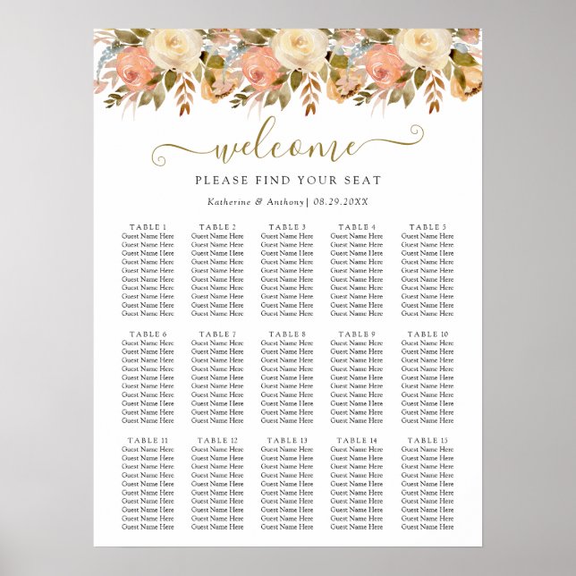 Minimal Boho Floral Wedding Seating Chart Poster (Front)