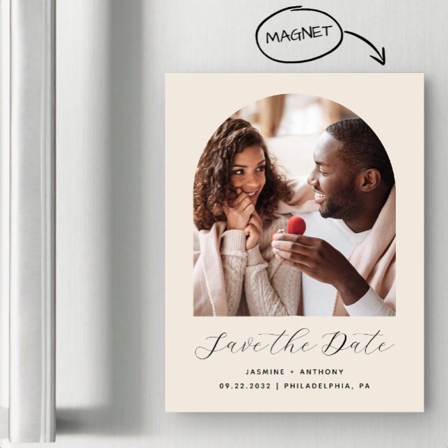 Minimal Boho Photo Arch Beige Save the Date Magnetic Invitation (Creator Uploaded)