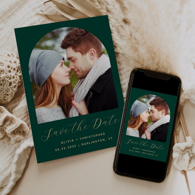 Minimal Boho Photo Arch Emerald Green Gold Script Save The Date (Creator Uploaded)