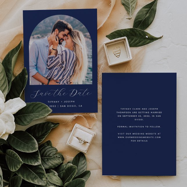Minimal Boho Photo Arch Navy Blue Script Save The Date (Creator Uploaded)